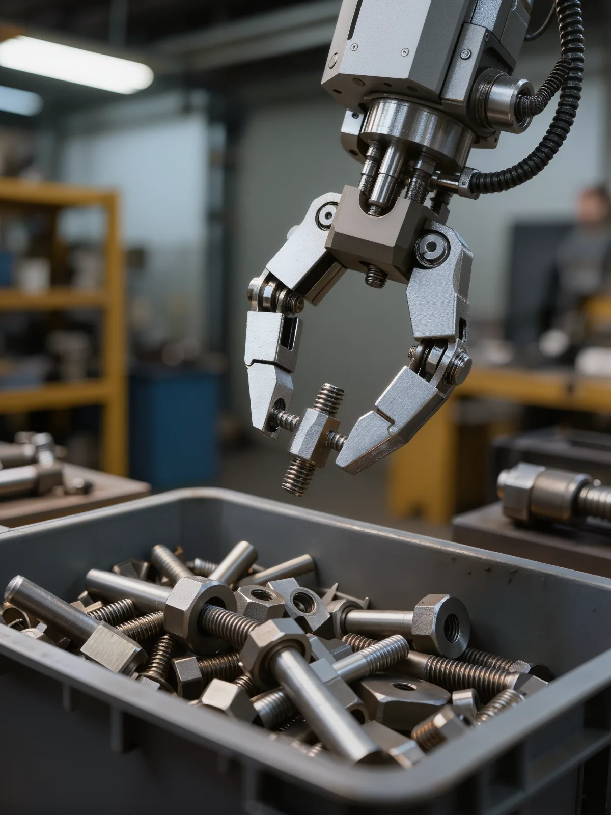 Robot gripper about to pick a part from a bin of mixed metal parts