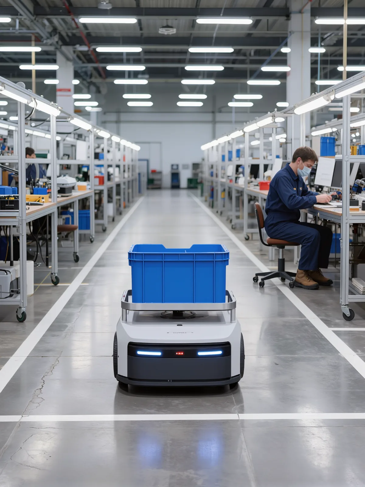 Collaborative mobile robot carrying a bin past a worker at an assembly bench