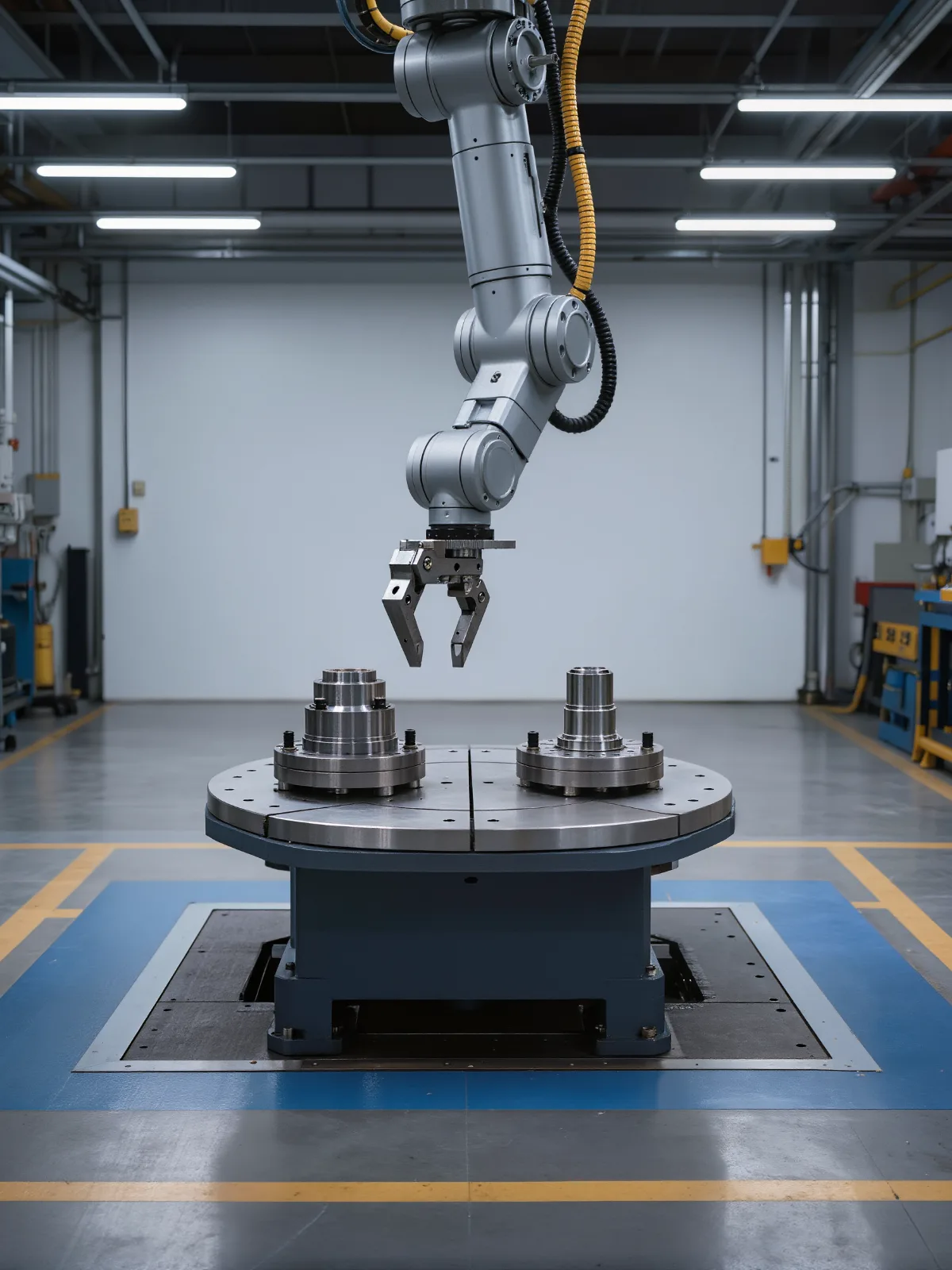 Robot arm placing parts on a rotating two-station fixture table