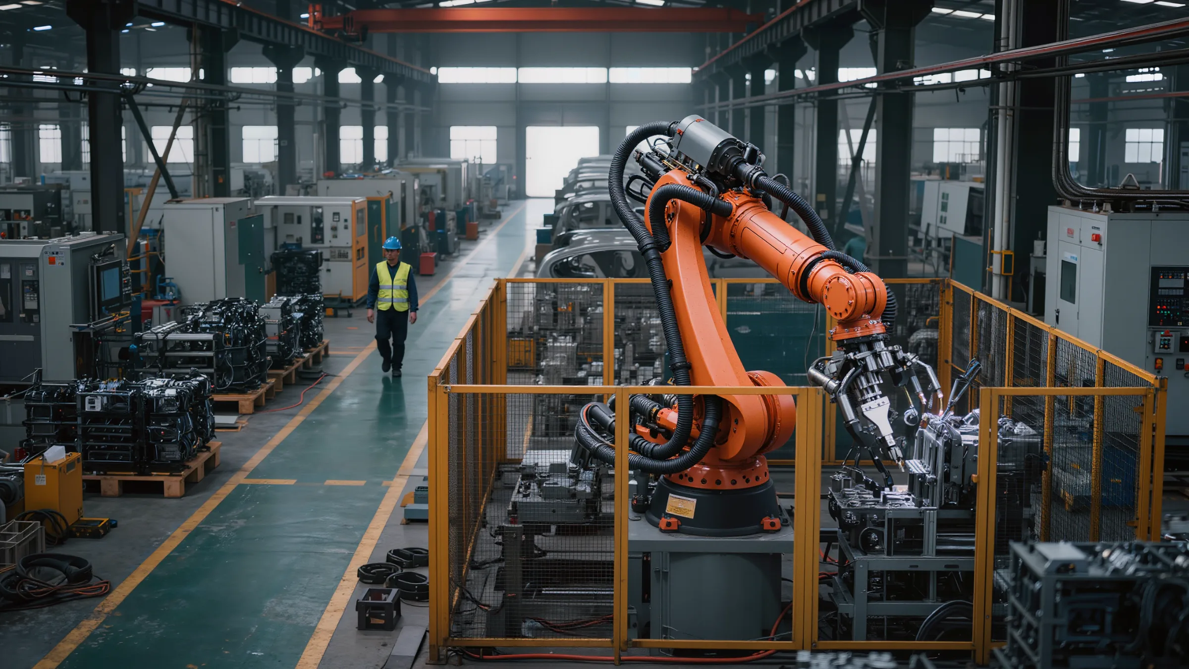Robot arm working inside a fenced cell on a factory floor with a worker walking along the aisle