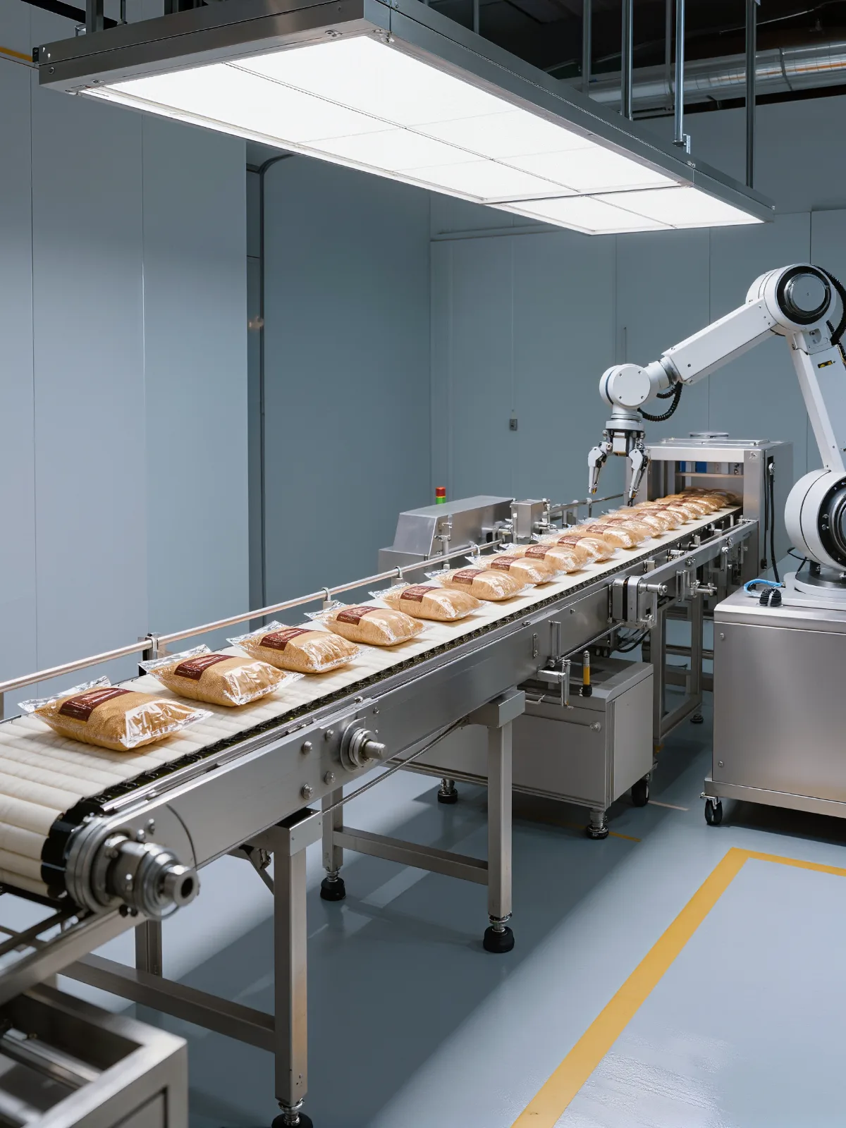 Production line conveyor with packaged goods and a robot pick station