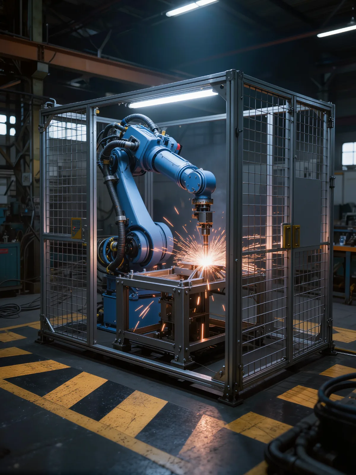 Robot arm welding inside a fenced cell with an open access gate and floor markings