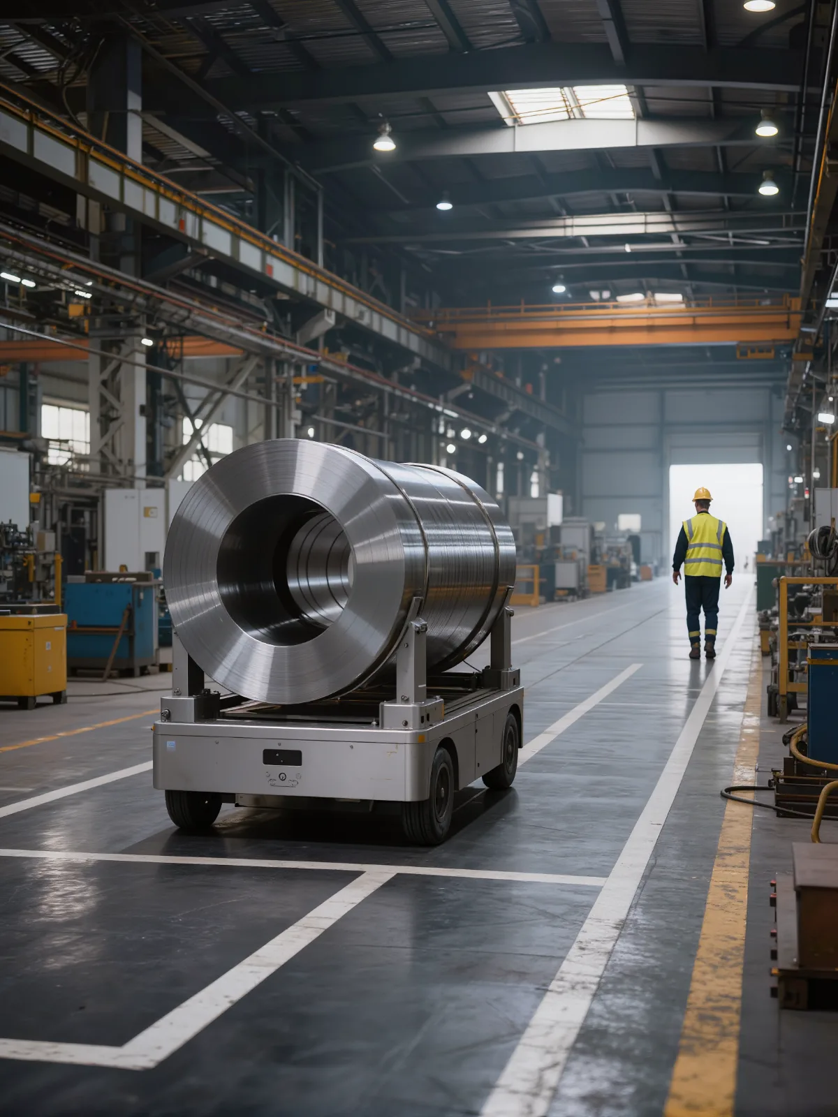 Automated transfer cart moving along a factory aisle with a worker at a distance