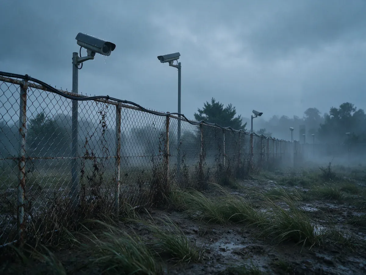 Rusted chain link perimeter fence with fence vibration sensor cable and pole mounted cameras in heavy rain and fog