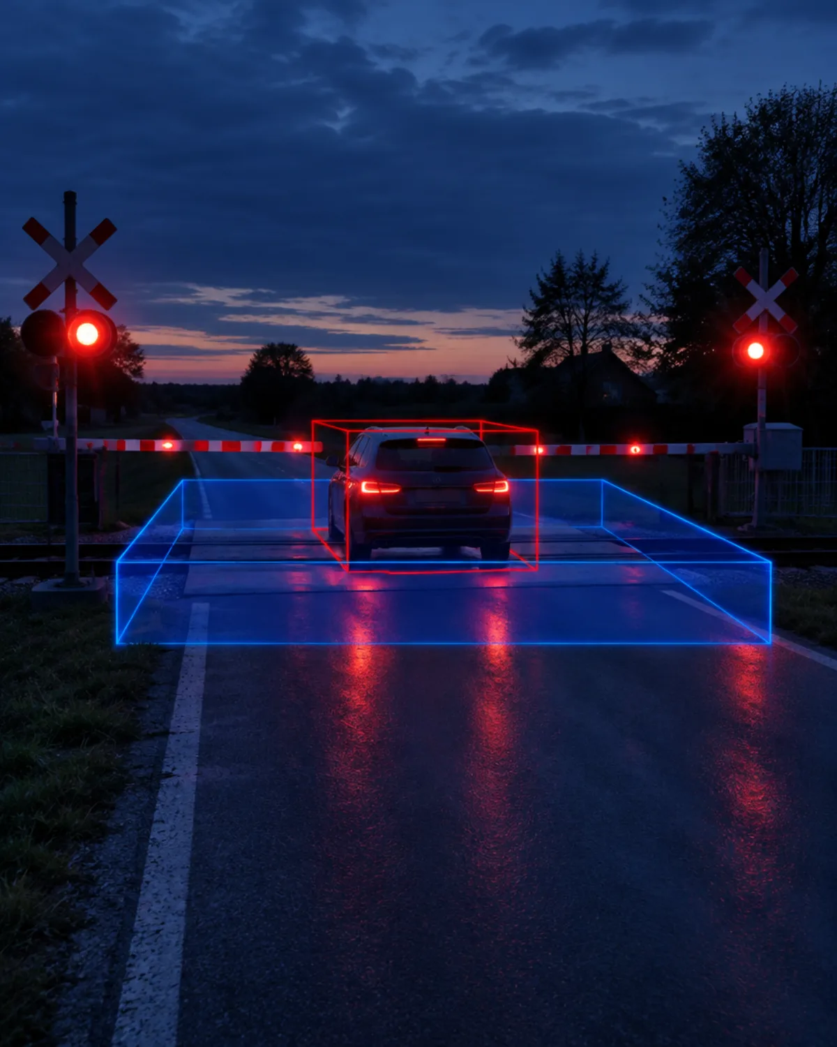 Rail level crossing at dusk with lowered barriers and a car stopped on the tracks inside a red 3D bounding box