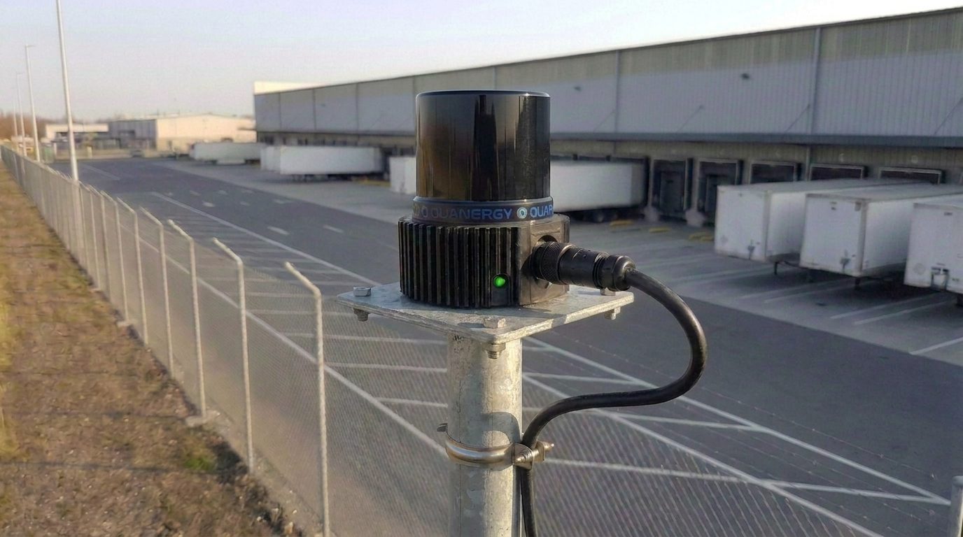 LiDAR sensor pole at the perimeter of a logistics warehouse yard