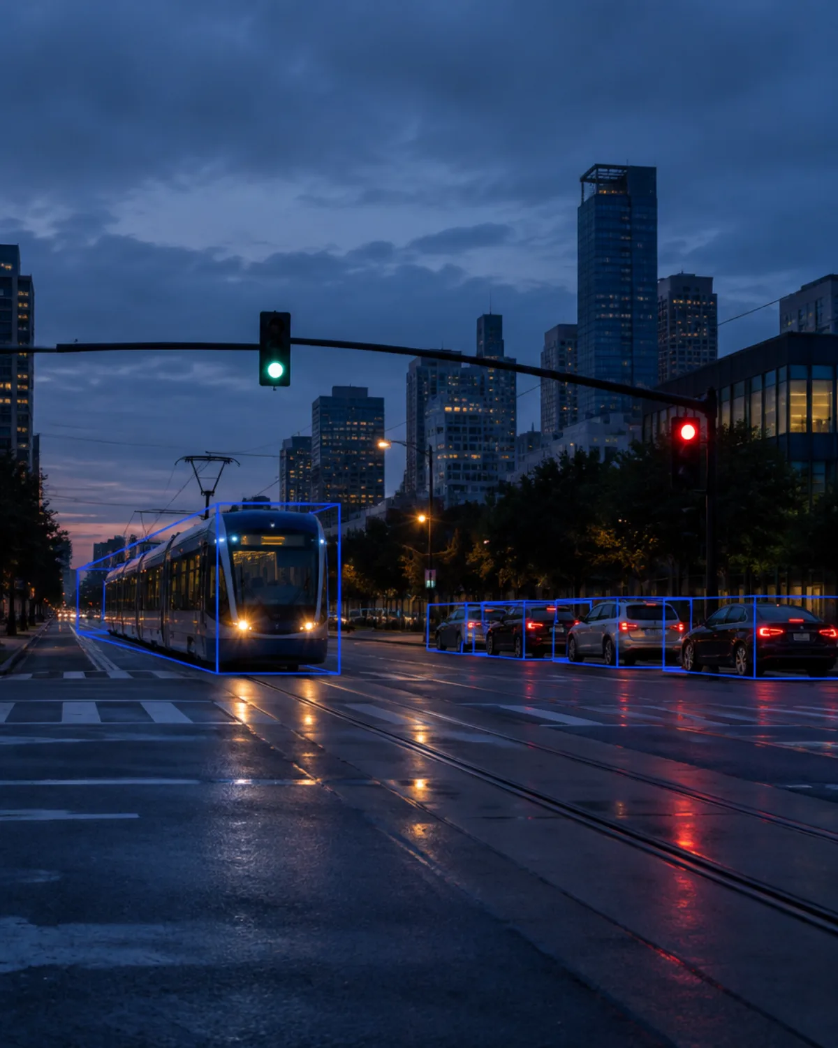 Light rail train approaching an intersection on a green signal with vehicles tracked by 3D bounding boxes