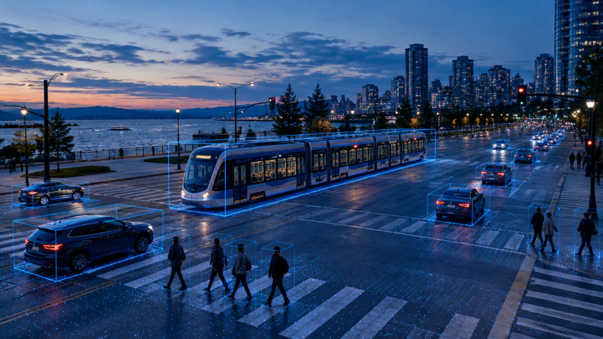 Light rail train crossing a busy city intersection at dusk with vehicles and pedestrians outlined by 3D bounding boxes