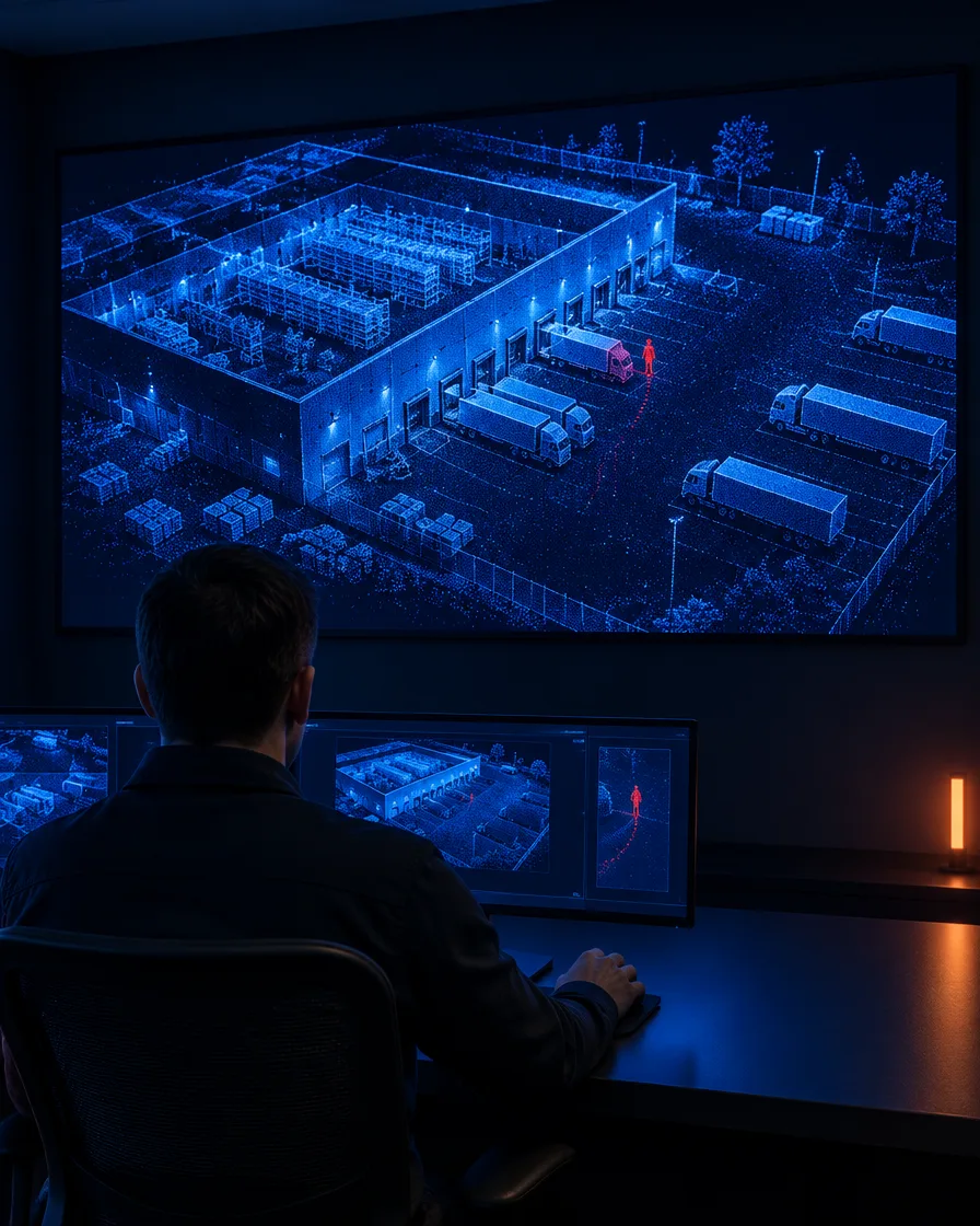 Security operator watching a 3D point cloud map of a warehouse and truck yard