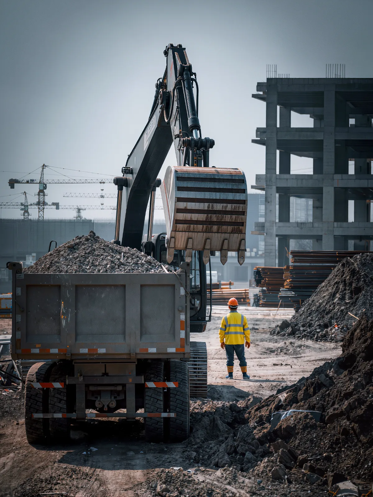 Construction site with an excavator loading a dump truck and a worker at a safe distance