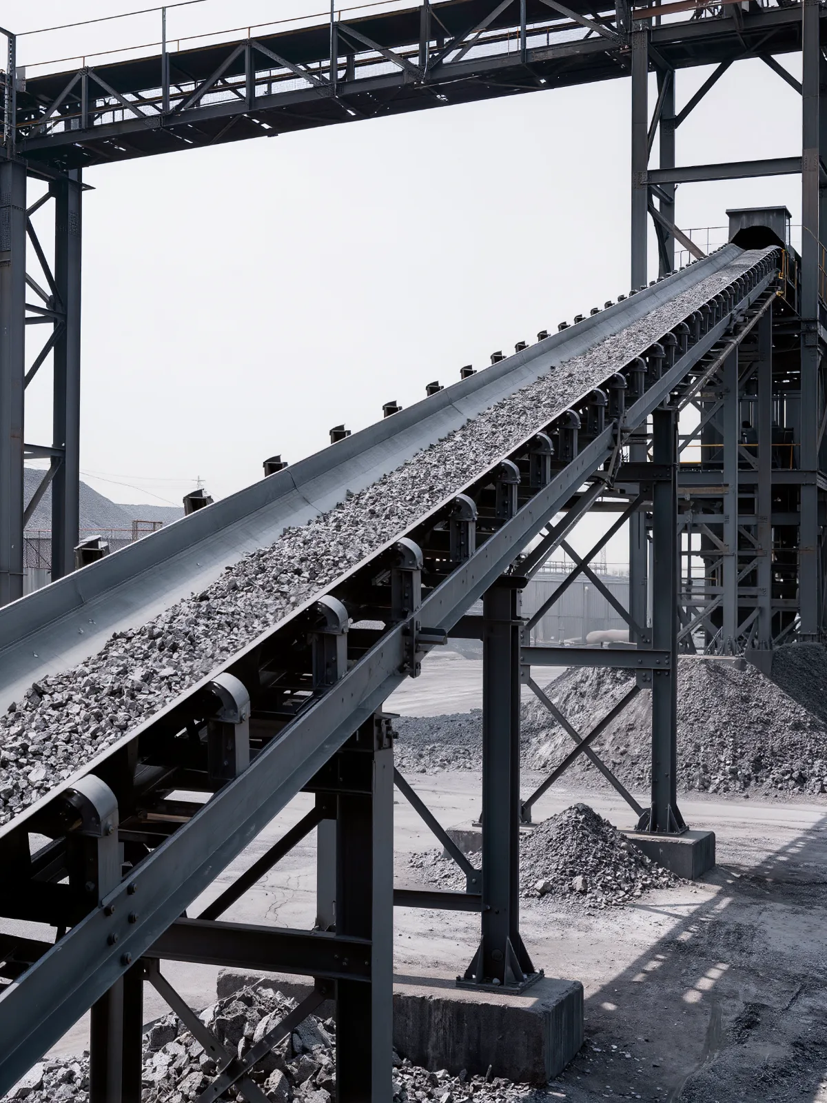 Inclined conveyor carrying crushed ore at a processing plant