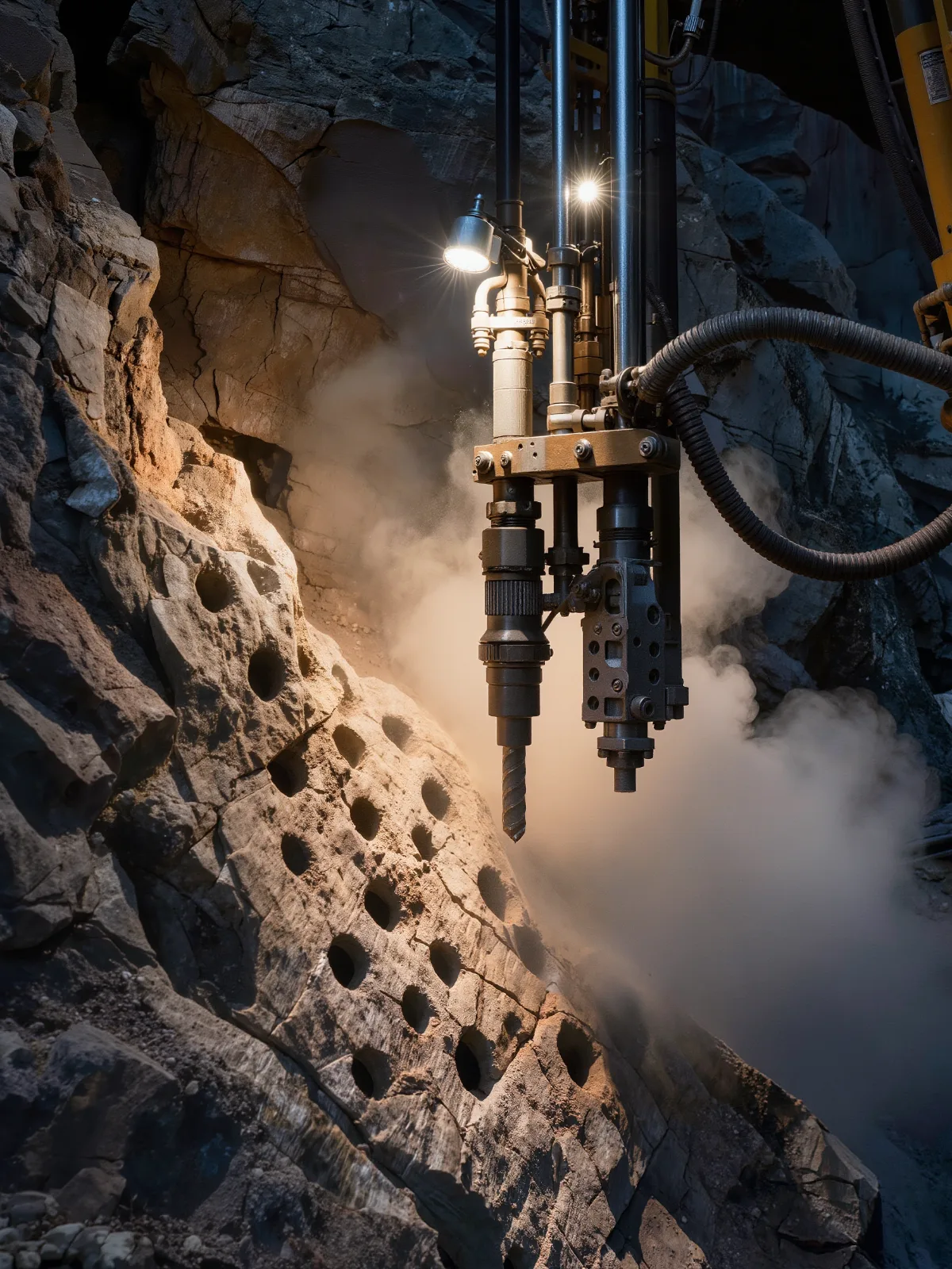 Drill booms of an underground rig at a rock face with a pattern of drilled holes