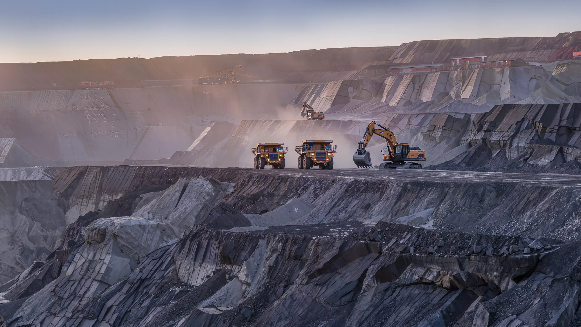 Open-pit mine at dusk with haul trucks on the benches and an excavator loading