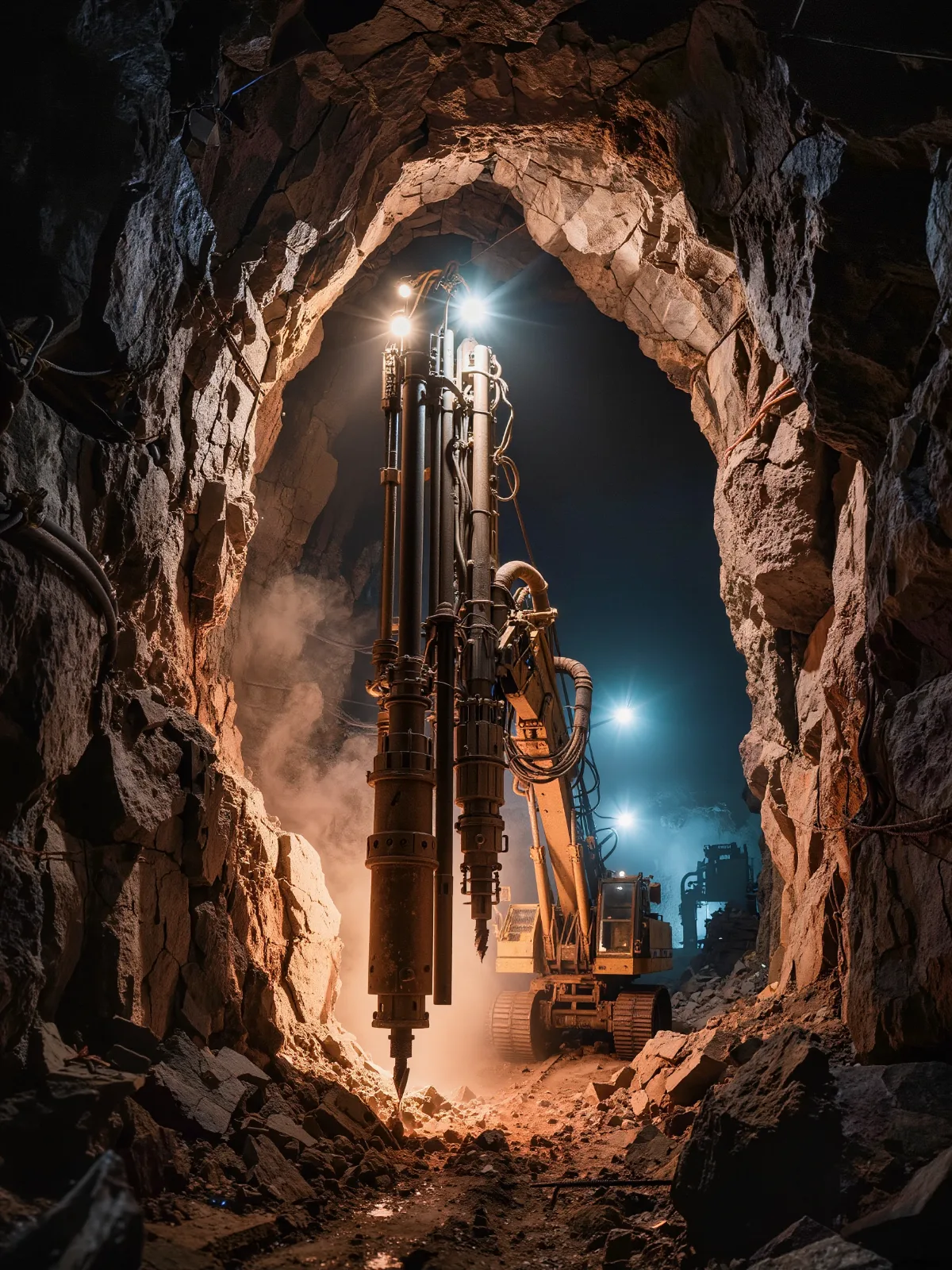 Underground tunnel with a drilling rig working at the rock face under work lights