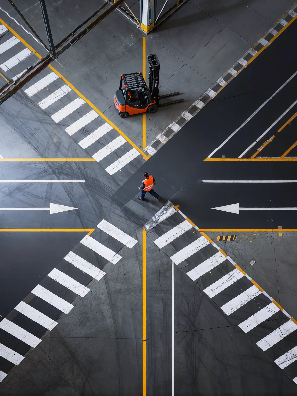 Forklift waiting at an aisle intersection as a worker crosses