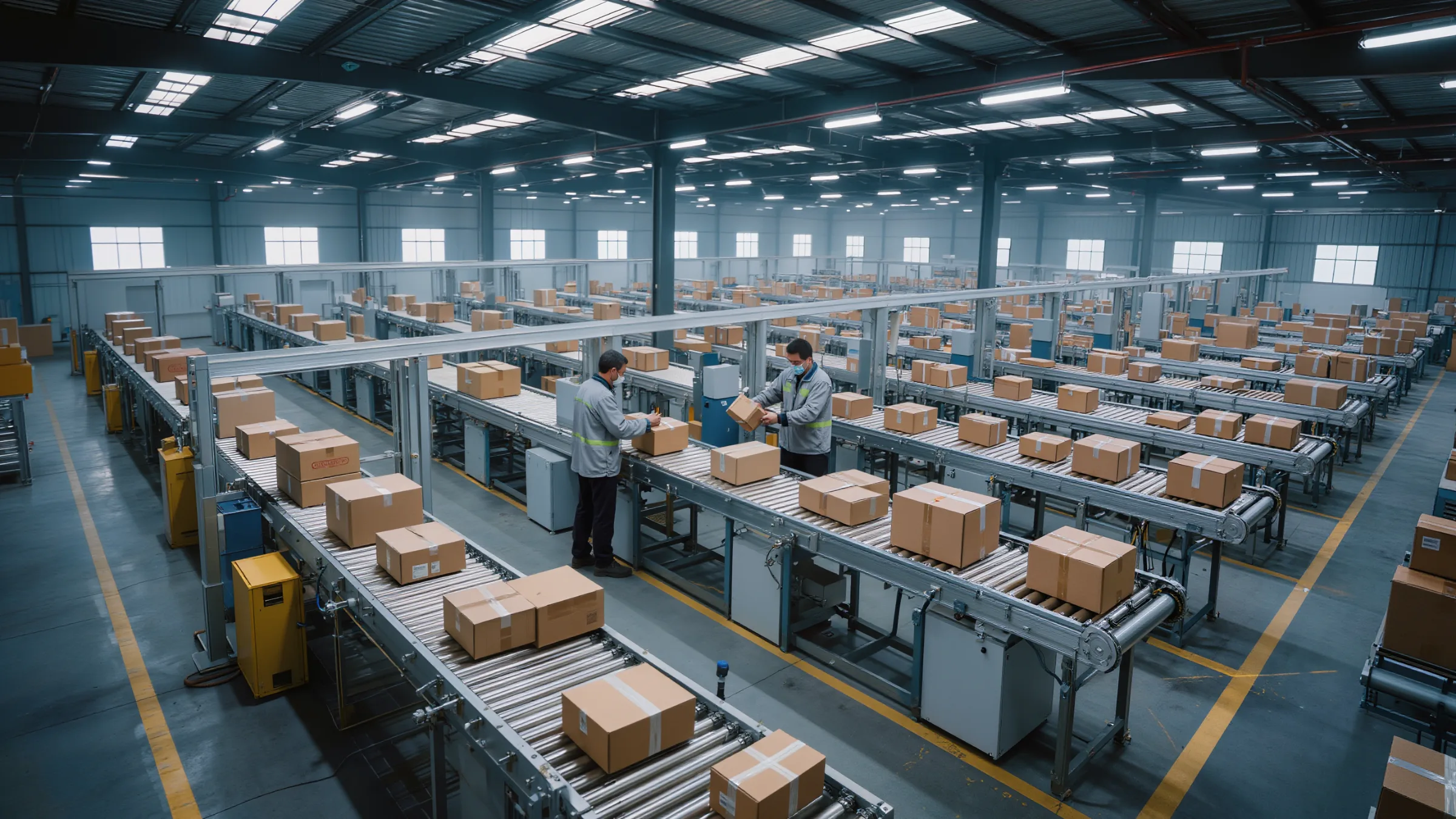Distribution center with conveyor lines carrying parcels and two workers at a packing station