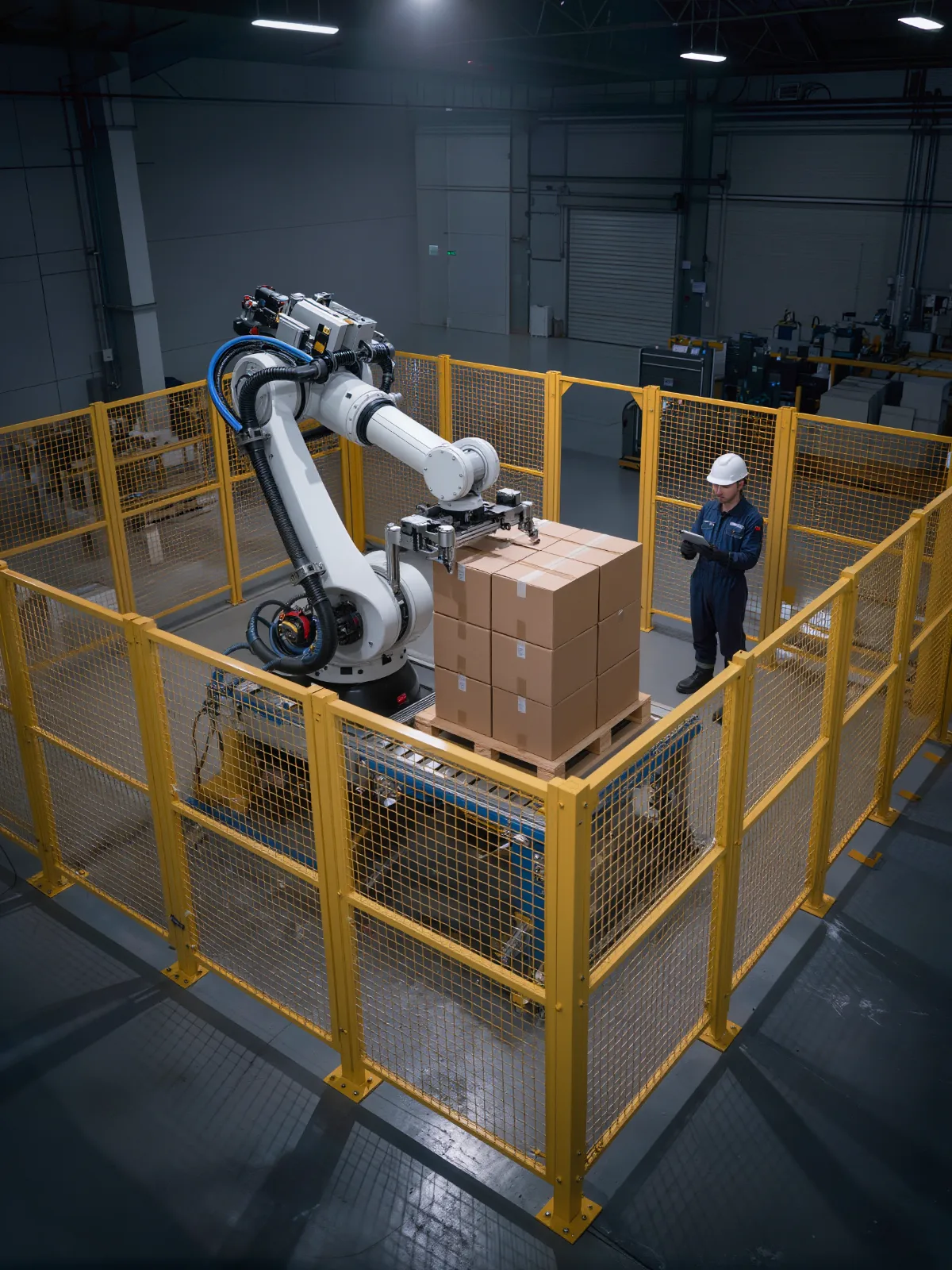 Robotic palletizing cell behind yellow safety fencing with a worker checking a tablet