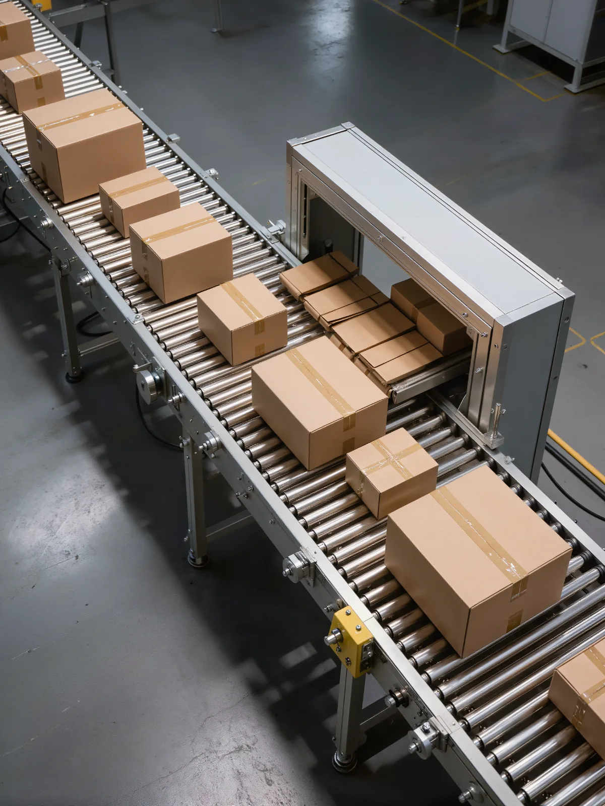 Parcels of different sizes moving on a roller conveyor into a measuring station