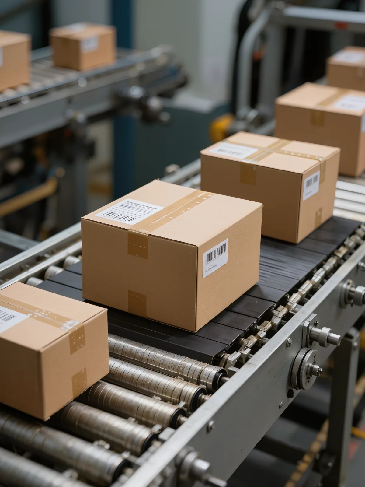 Boxes moving along a conveyor
