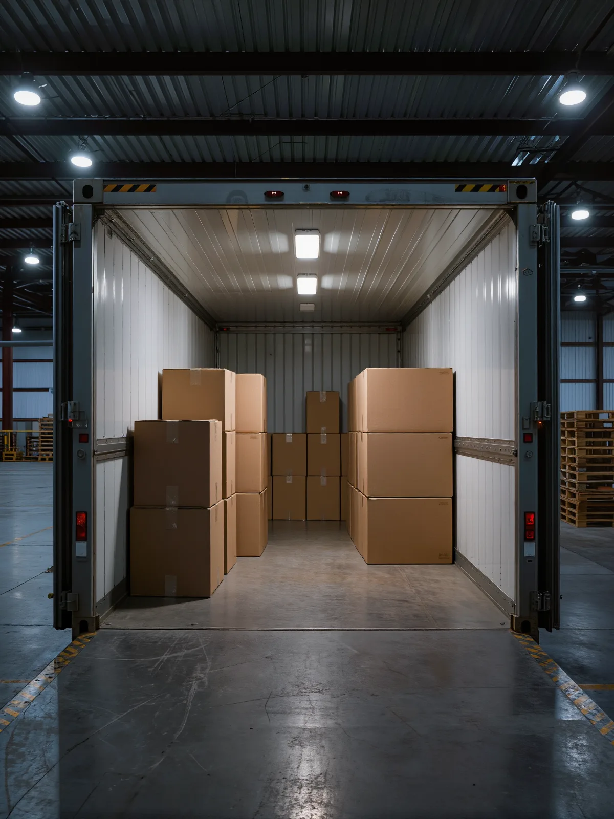 Open trailer at a dock, half filled with stacked boxes