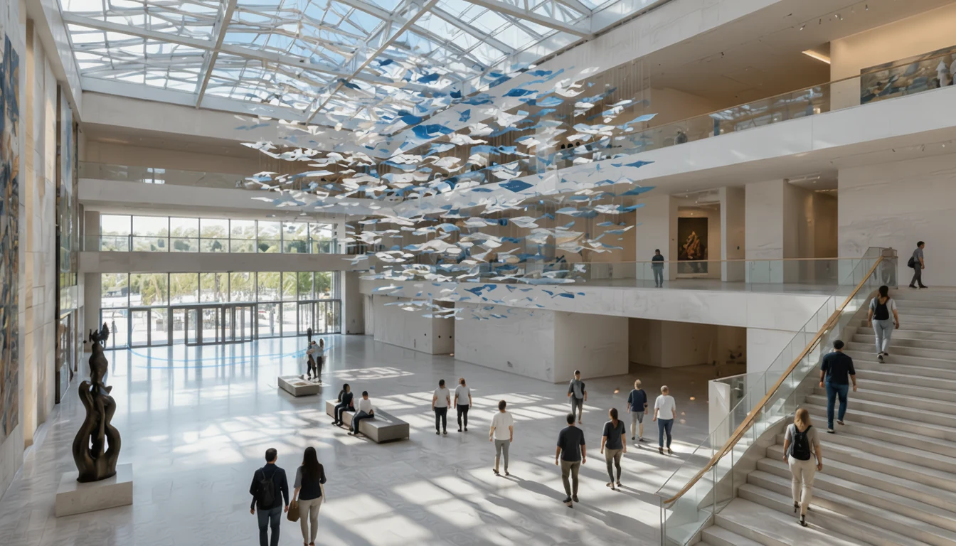 Visitors walking through a bright museum atrium
