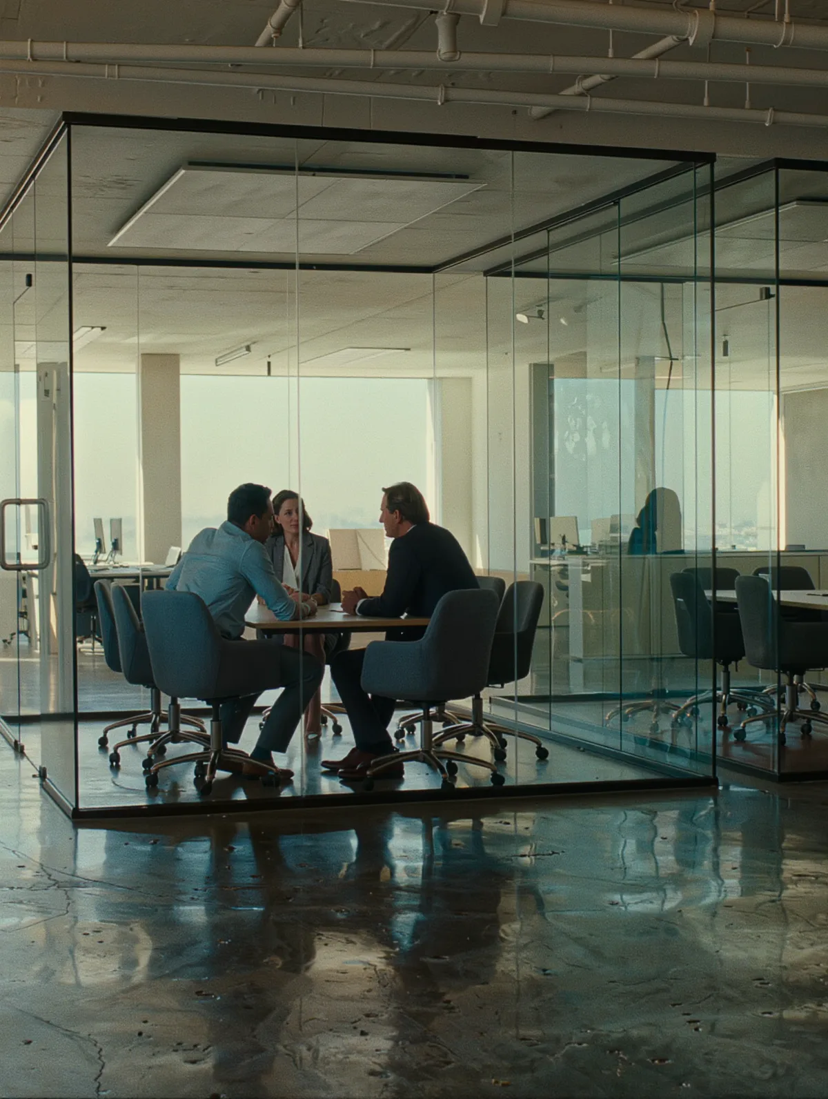 Glass-walled meeting room in use next to an empty one