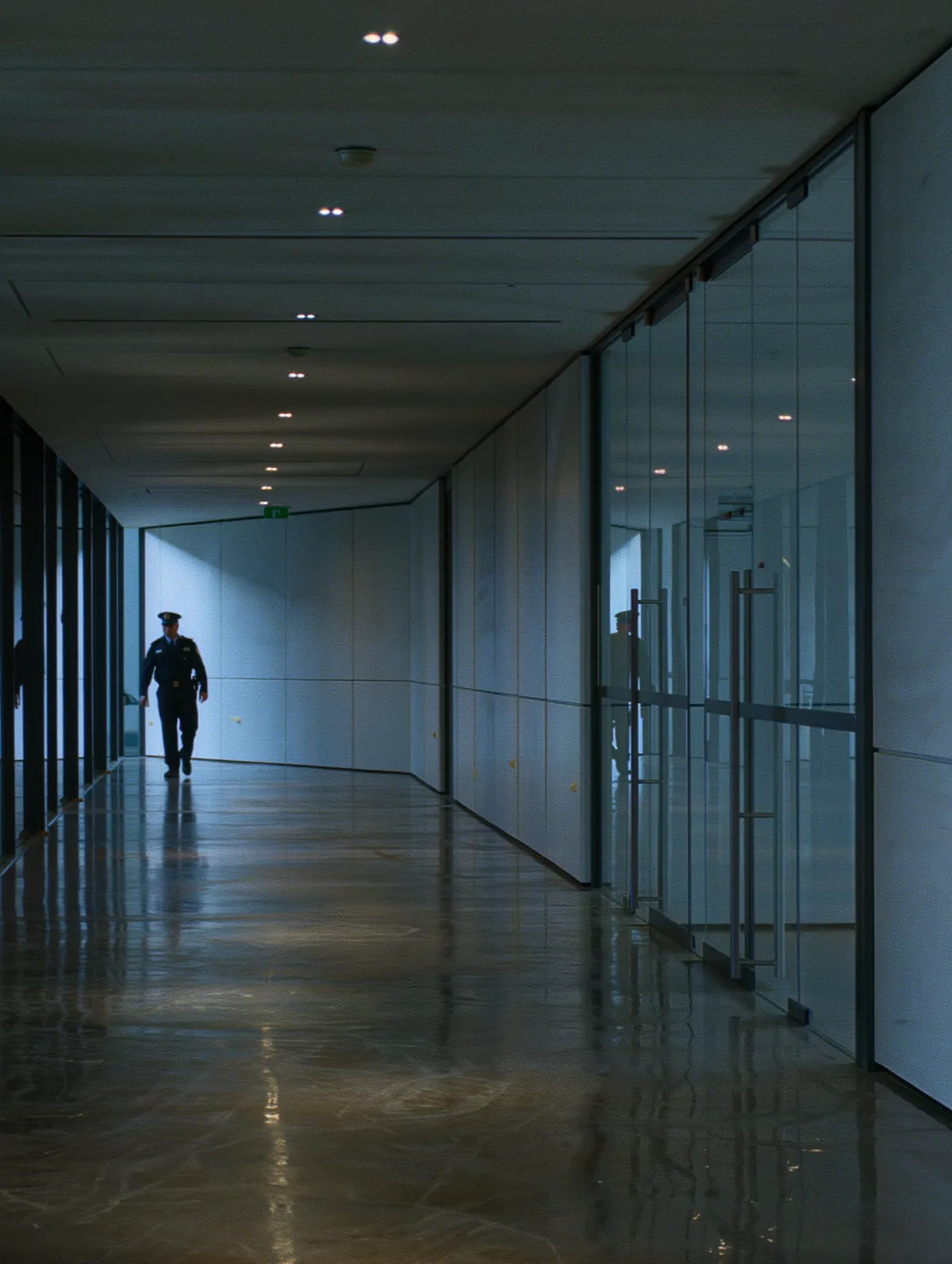 Dim office corridor after hours with a security guard walking