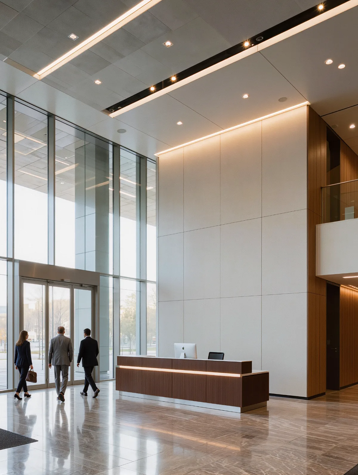 Modern office lobby with people walking in through the entrance
