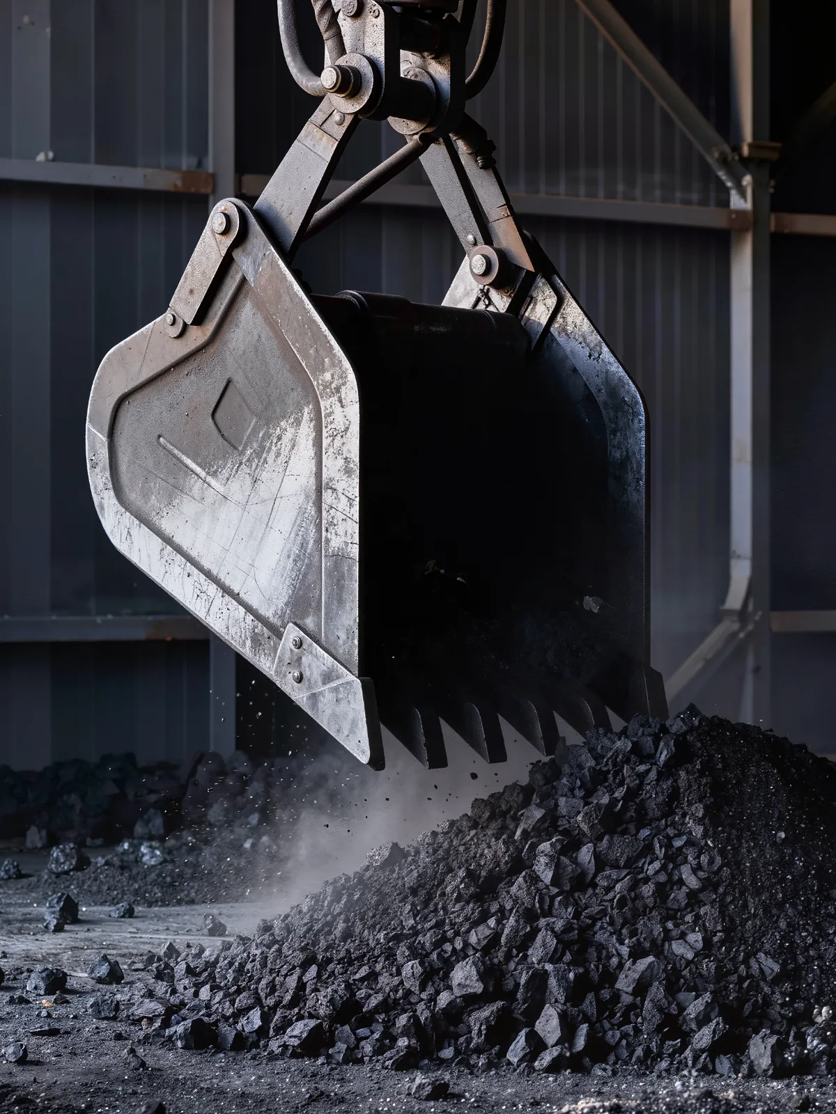 Clamshell grab bucket closing on coal inside a ship hold