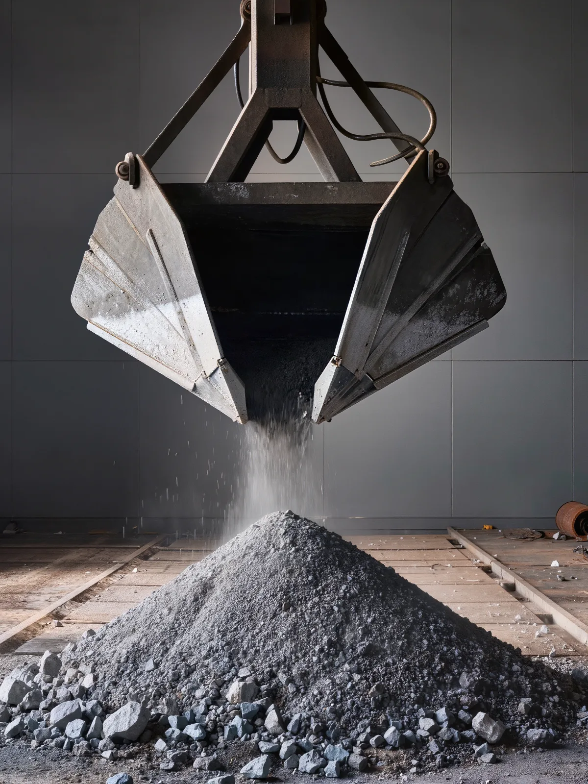Open grab bucket touching down on a heap of ore