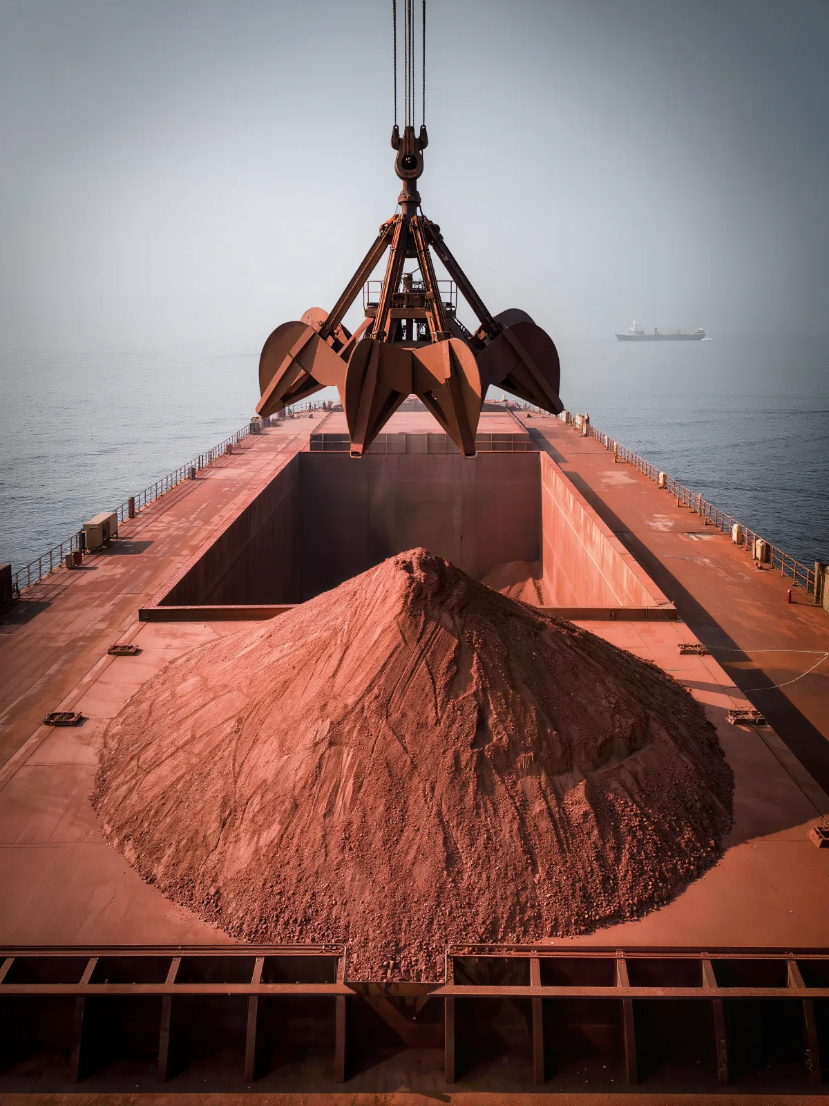 Looking down into the open hatch of a bulk carrier with the hatch edges visible