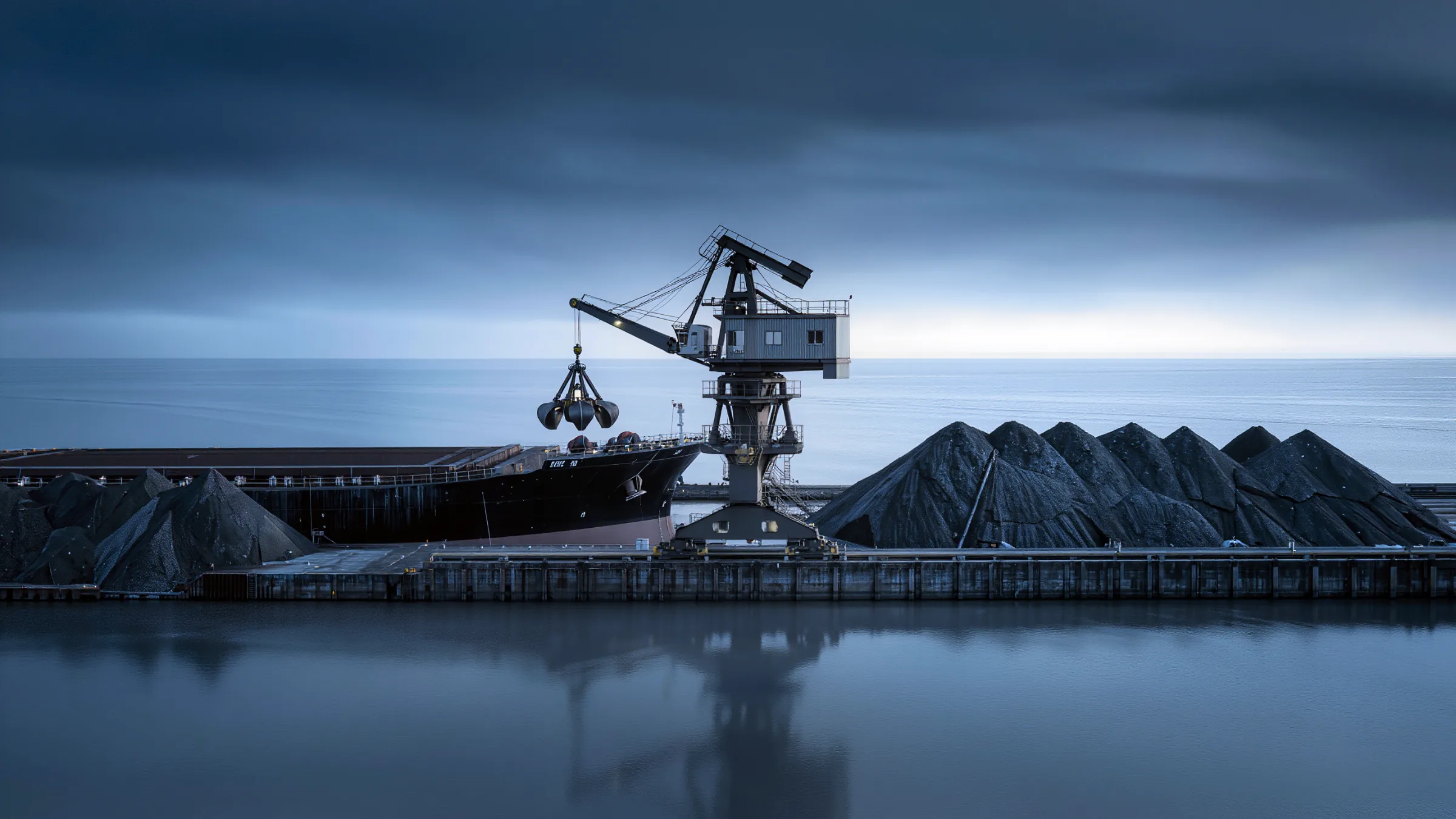 Grab ship unloader lowering a clamshell bucket into a bulk carrier at dusk