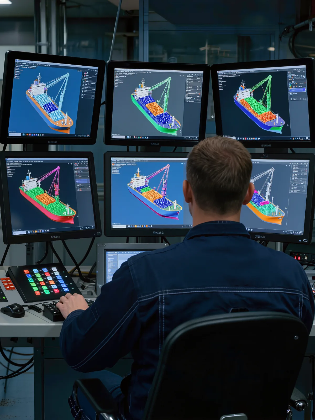 Port crane operator in a control room viewing a 3D point cloud of a ship hold
