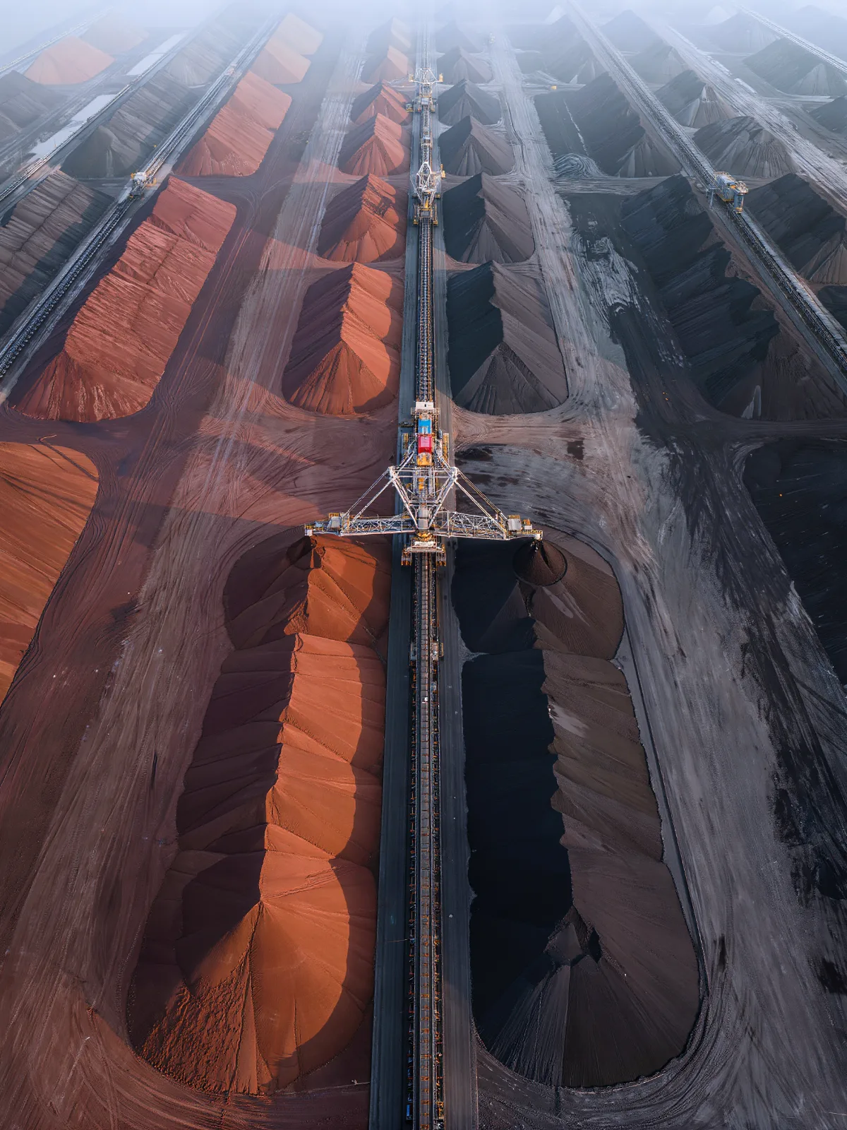 Aerial view of rows of ore and coal stockpiles with a stacker reclaimer