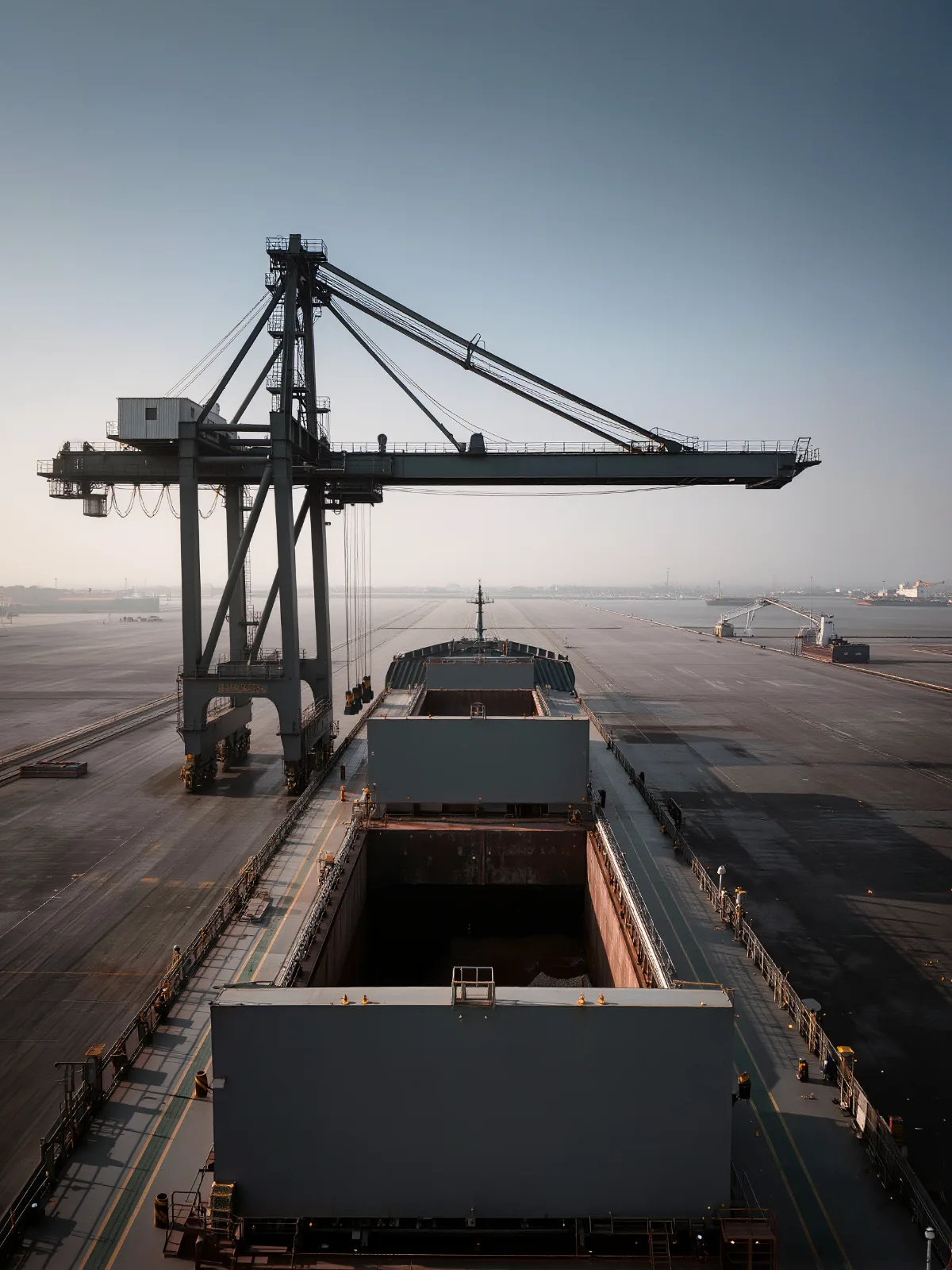 Ship unloader crane gantry over a bulk carrier with several open hatches