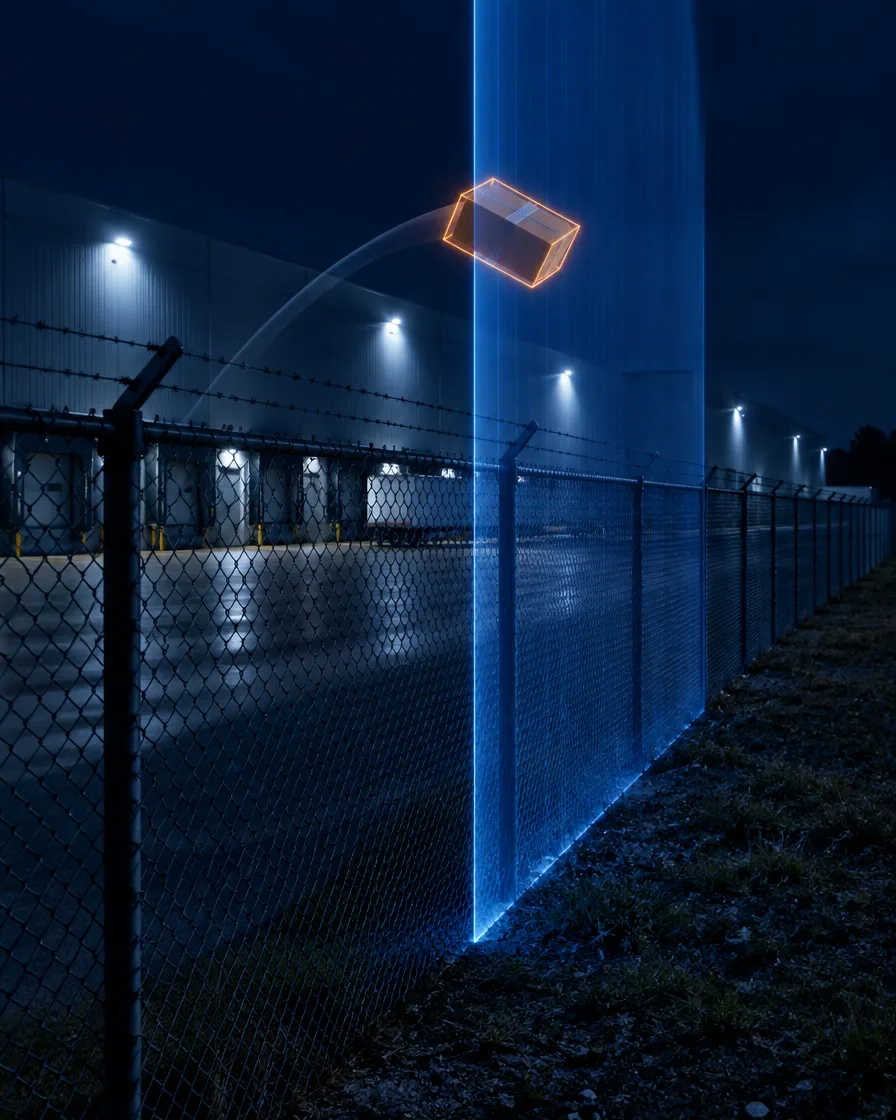 Parcel thrown over a distribution center fence at night, highlighted in orange as it crosses a blue light curtain