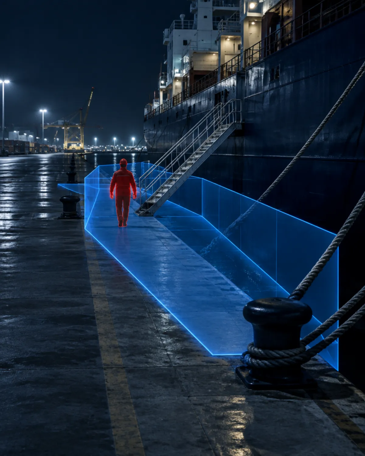 Restricted berth beside a moored ship at night with a blue 3D zone on the quay and a person near the gangway highlighted in red