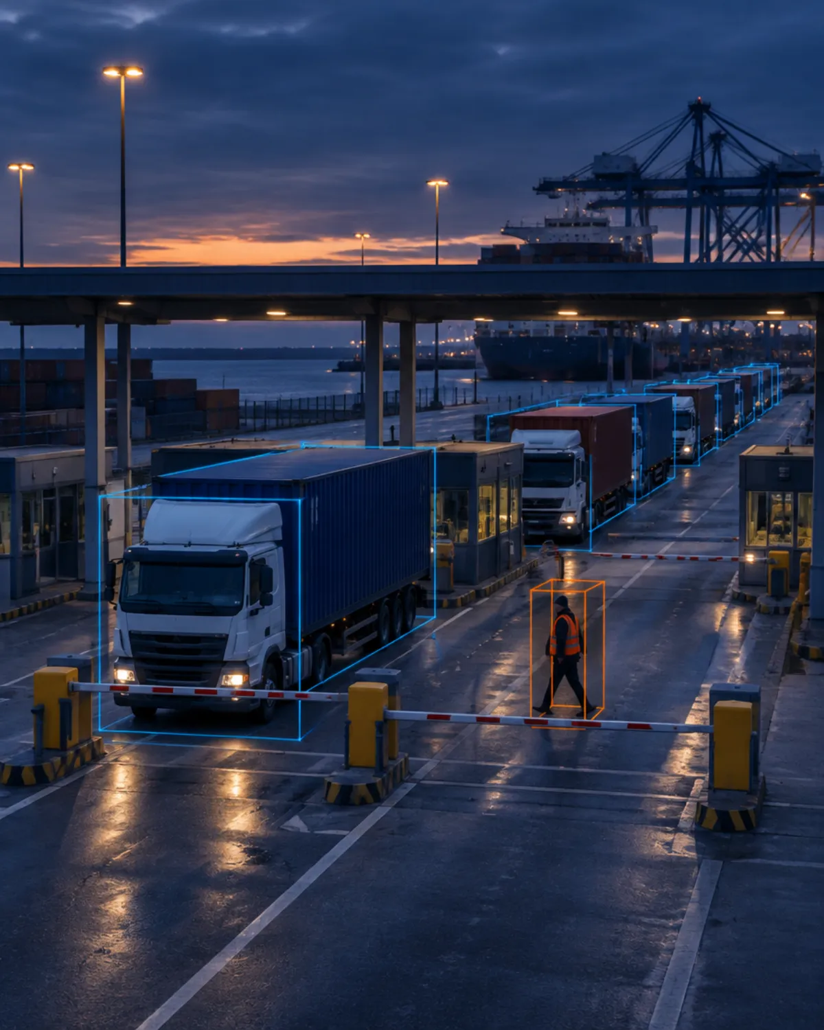 Port entry gate with trucks outlined by 3D bounding boxes and a pedestrian walking around the barrier highlighted in orange
