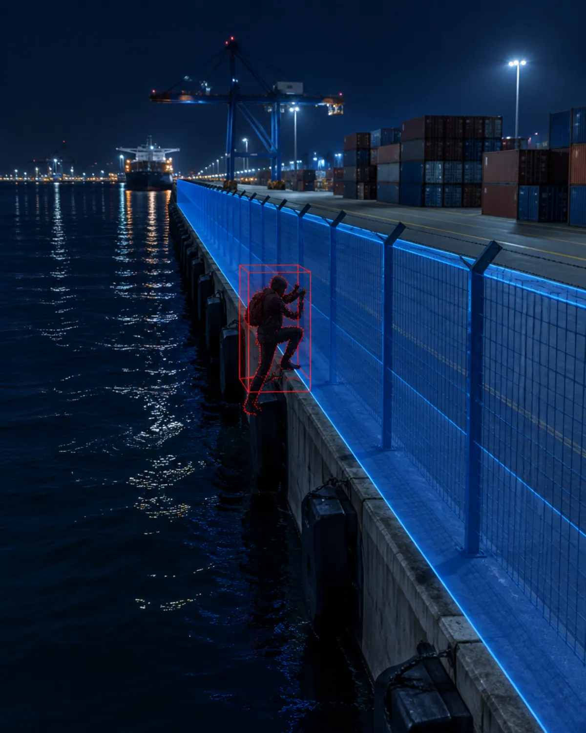 Port quay fence at night with a blue 3D zone and a person climbing from the water side highlighted in red