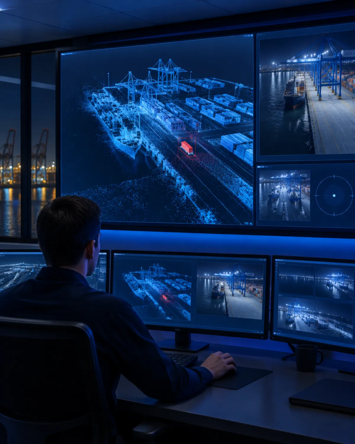 Port security operations room with an operator watching a 3D point cloud map of a container terminal
