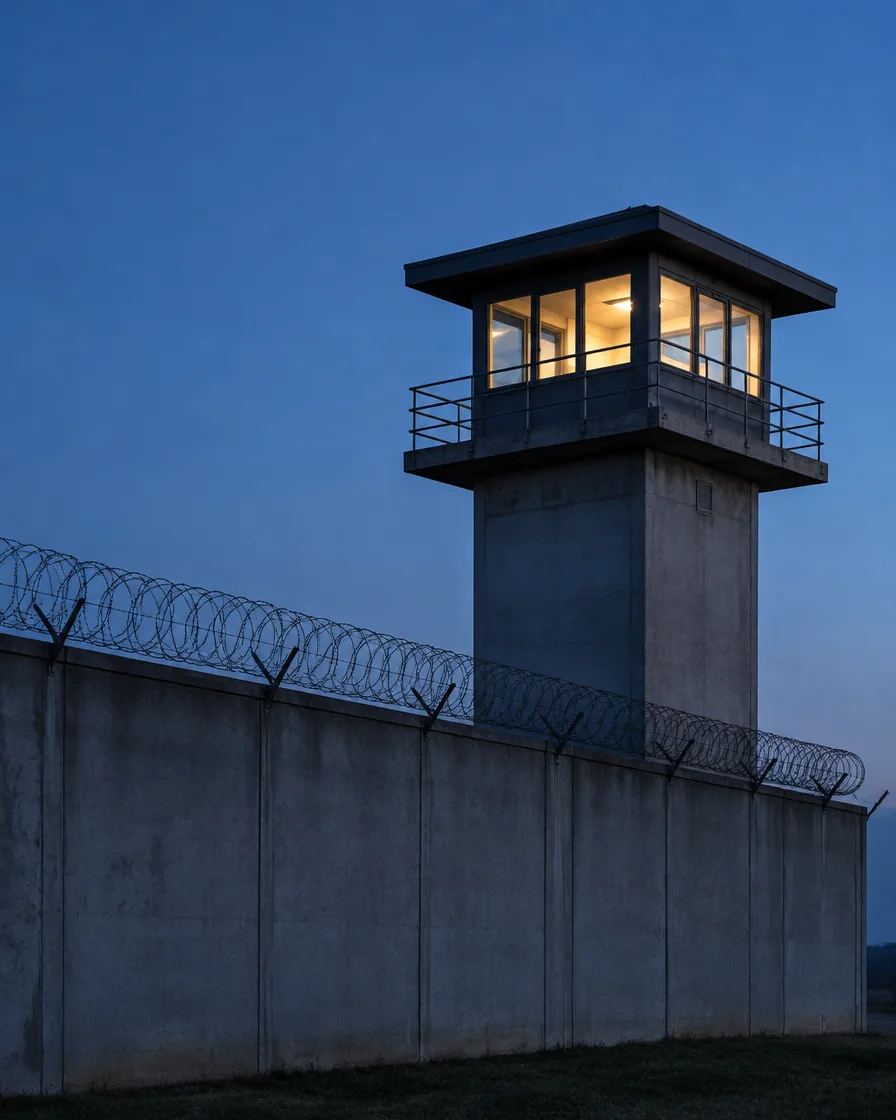 Guard tower on a prison perimeter wall at blue hour