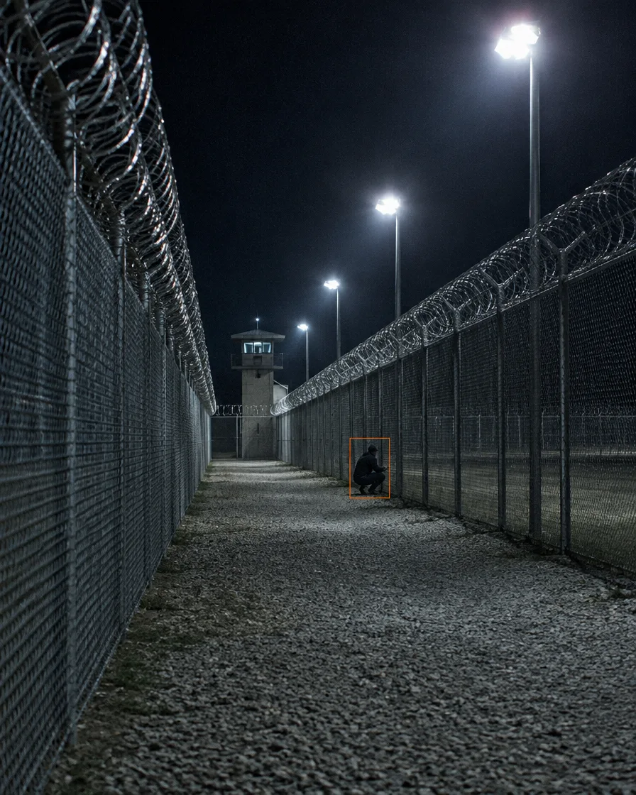 Sterile zone between two prison fences at night with a crouching figure outlined in orange