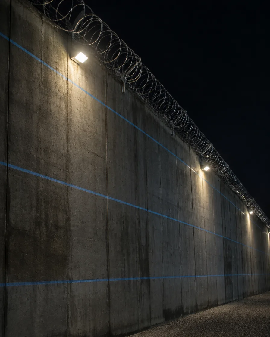 Tall prison wall at night with razor wire and faint lines marking alert heights