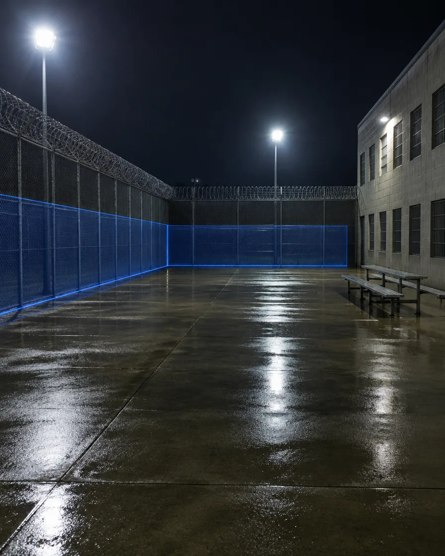 Empty exercise yard at night with a faint outline of a no-go zone along the fence