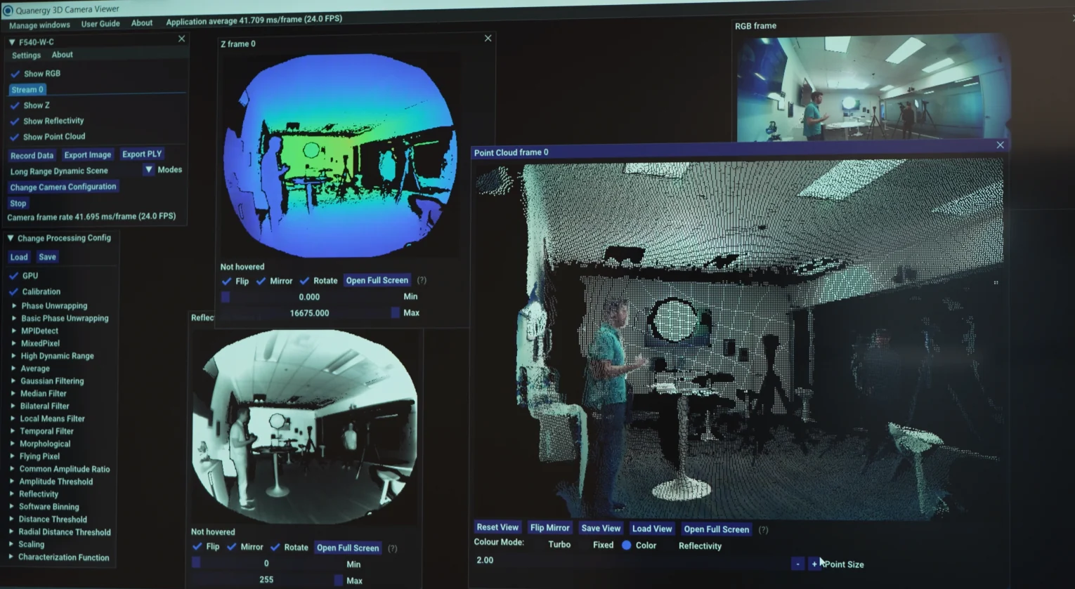 Q-VISION F540 3D camera viewer showing depth, reflectivity and point cloud views of an office lab
