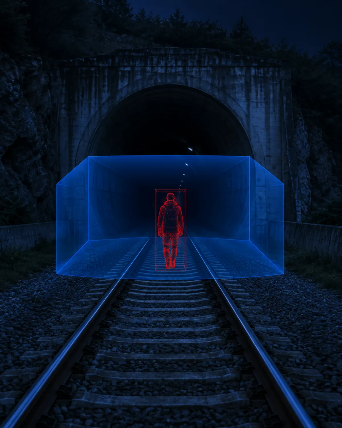 Rail tunnel portal at night with a blue 3D intrusion zone over the tracks and a trespasser highlighted in red