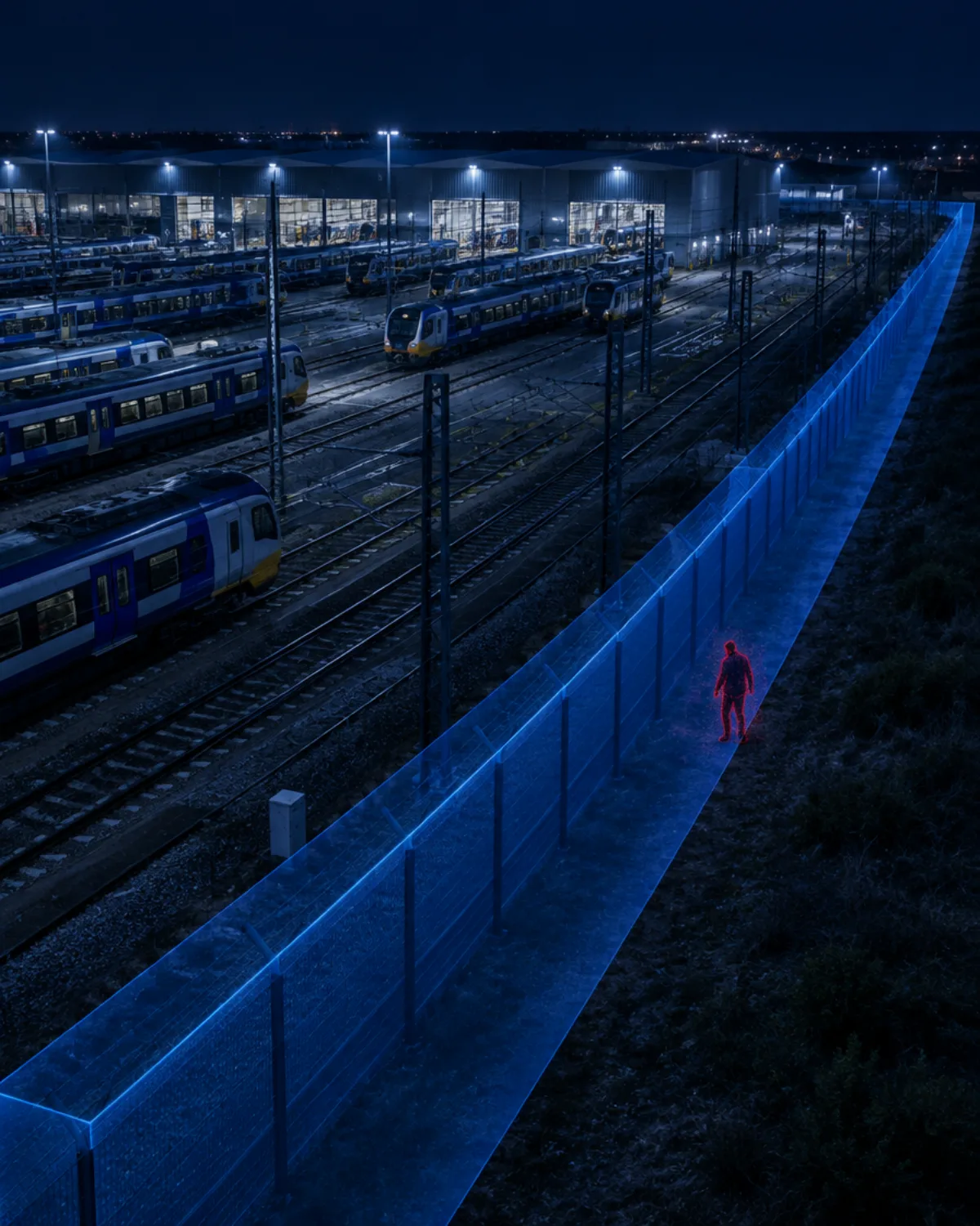 Rail yard and depot at night with parked trains and a blue 3D detection zone along the perimeter fence