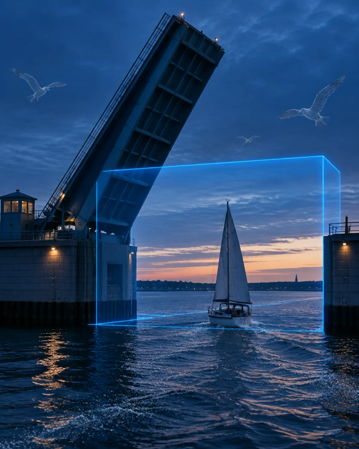 Raised bascule drawbridge at dusk with a sailboat passing and seagulls overhead, with a blue 3D zone outline