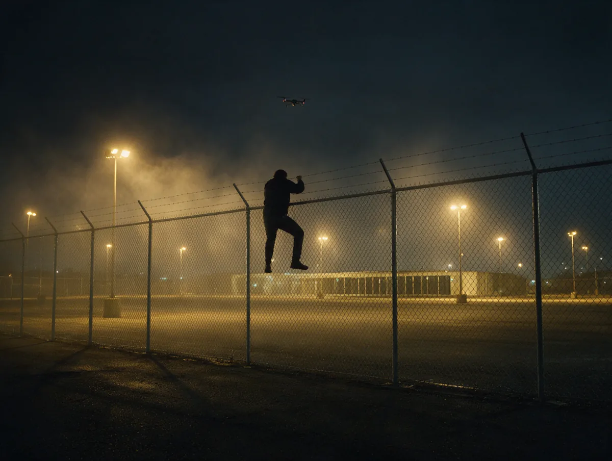 Person climbing a tall barbed wire perimeter fence at night with a drone overhead during a red team security test
