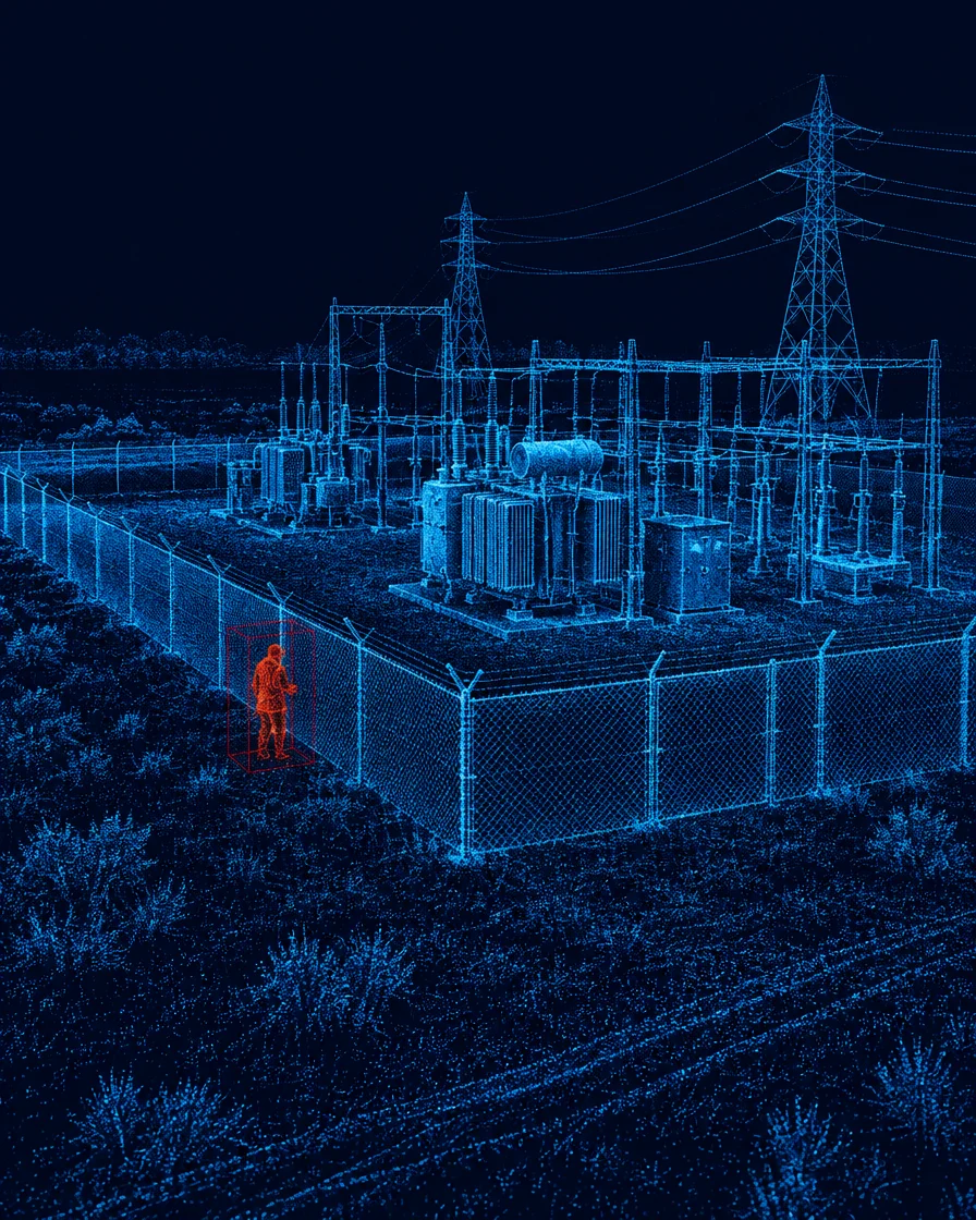 3D LiDAR point cloud of a remote substation at night with an intruder detected beside the fence